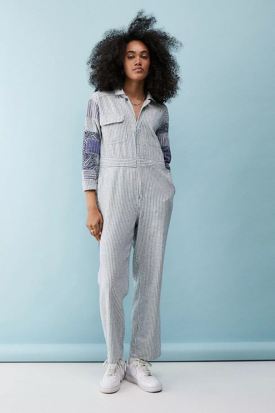 Urban Outfitters Striped Danielle Utility Jumpsuit Patchwork Paisley Sleeve Sz S